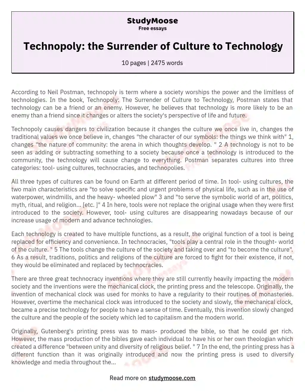 Technopoly: the Surrender of Culture to Technology essay