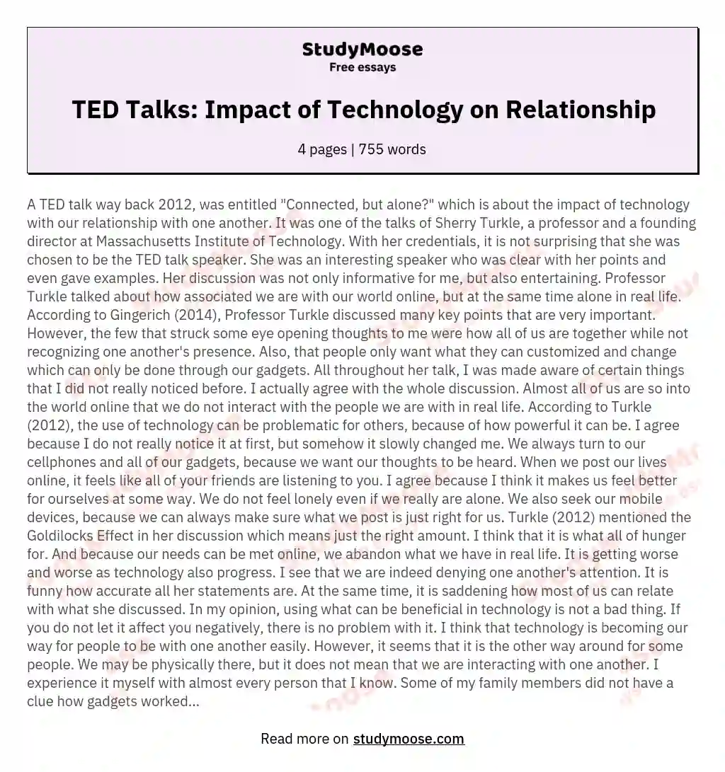 TED Talks: Impact of Technology on Relationship essay