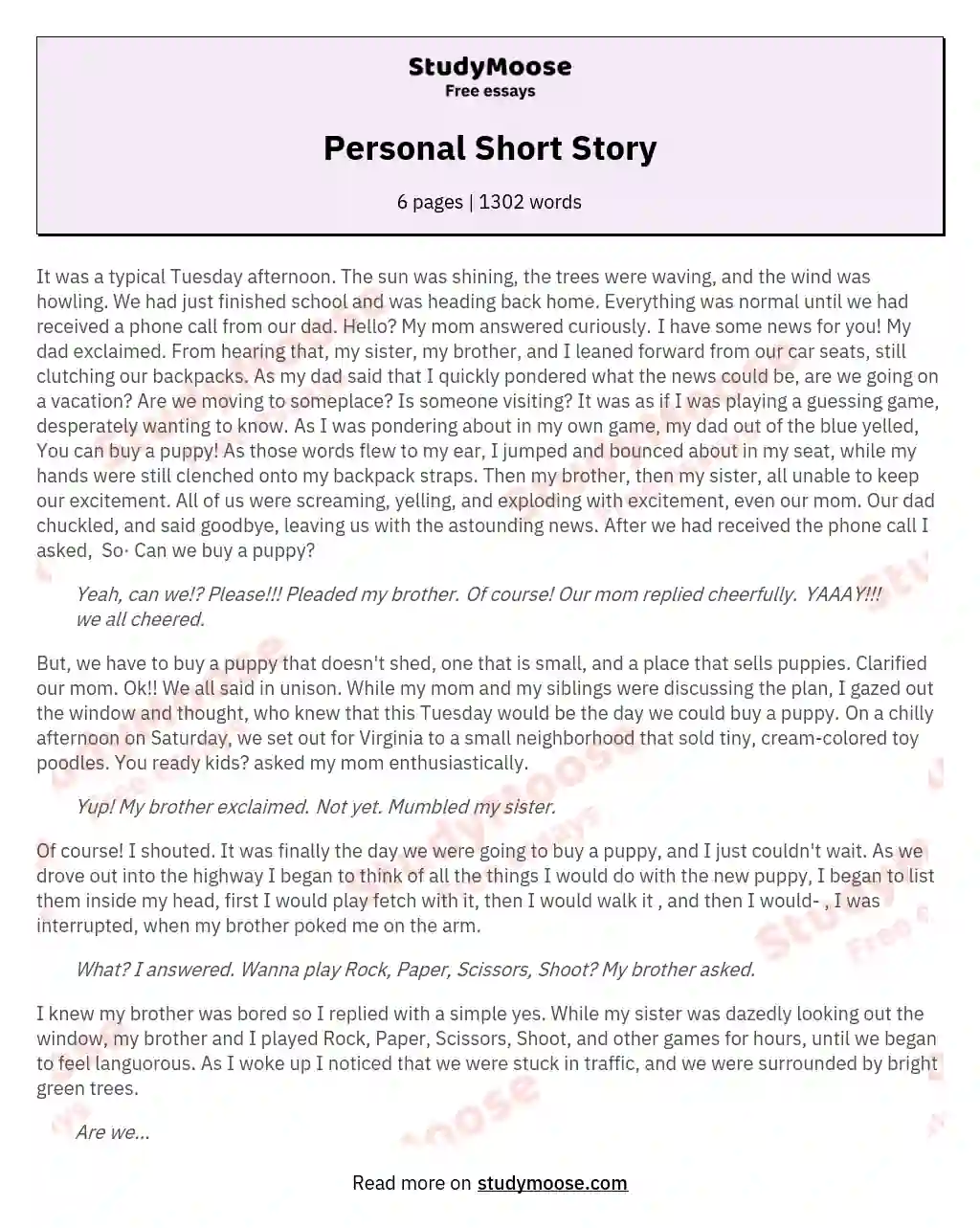 Personal Short Story essay
