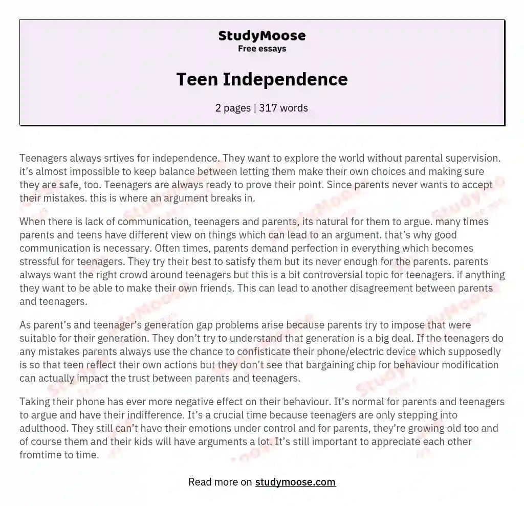 Teen Independence essay