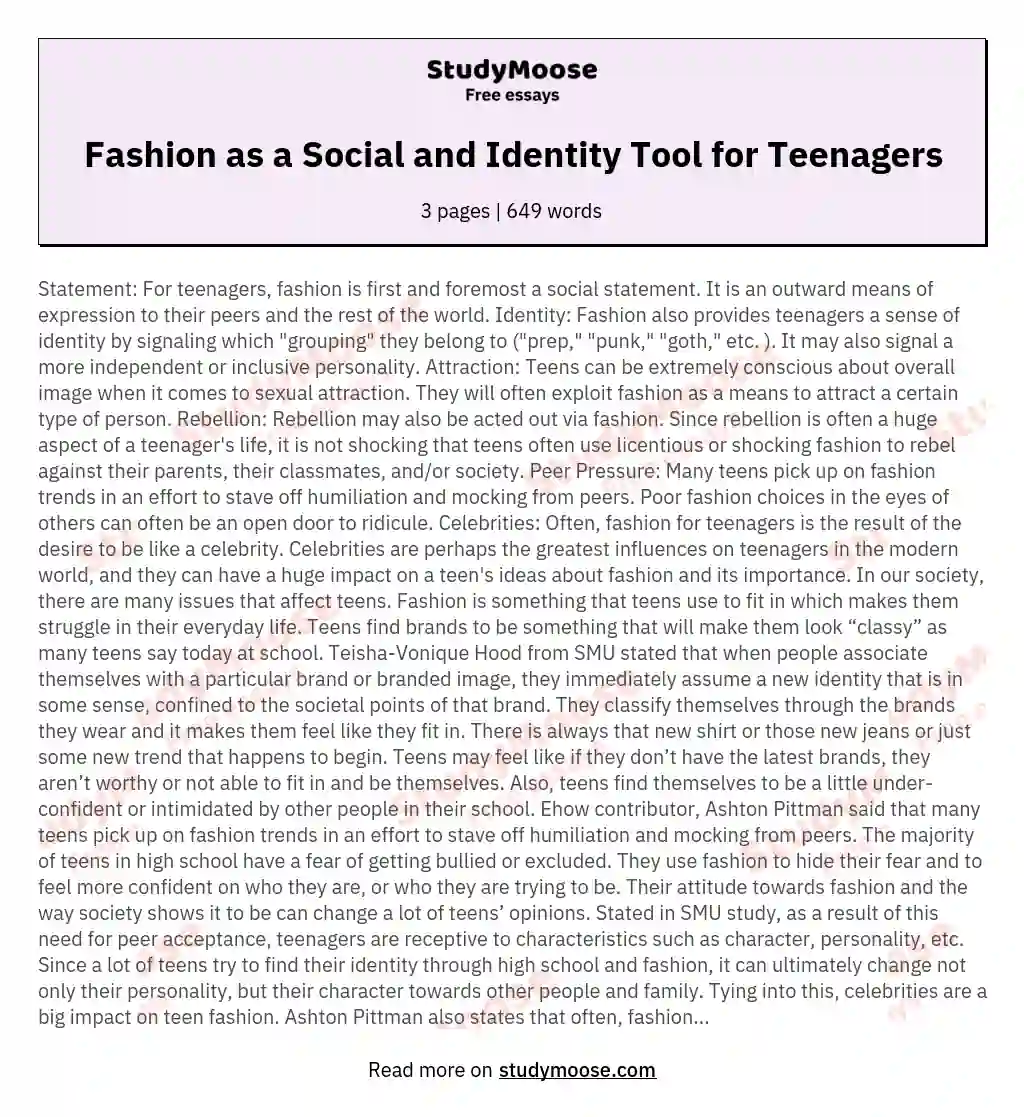 Fashion as a Social and Identity Tool for Teenagers essay
