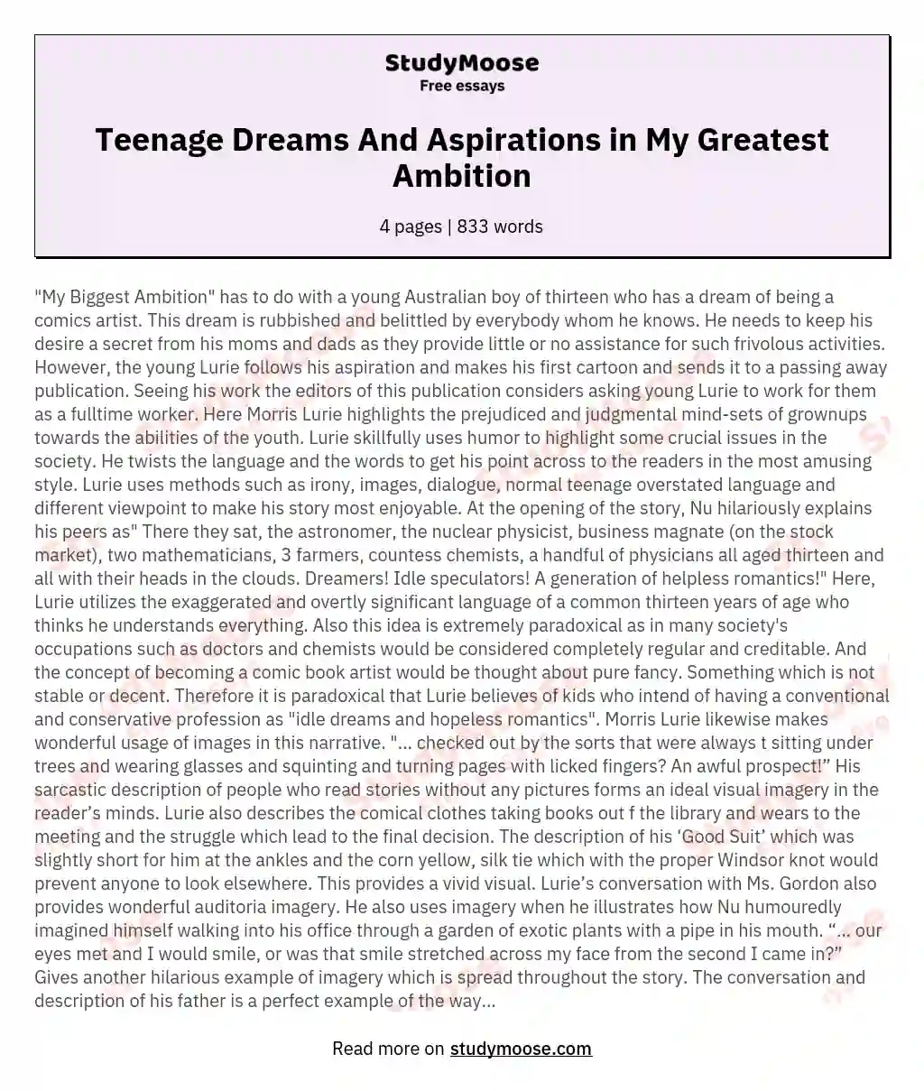 Teenage Dreams And Aspirations in My Greatest Ambition