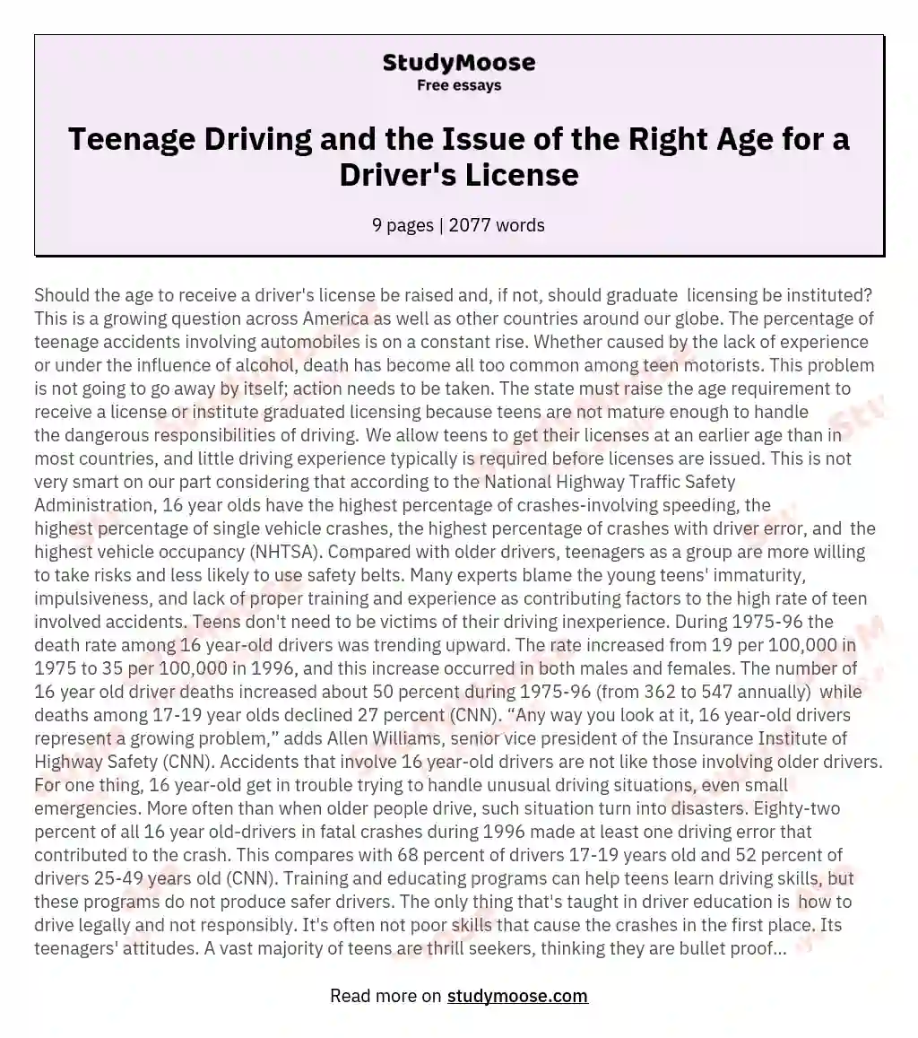 Teenage Driving and the Issue of the Right Age for a Driver's License essay