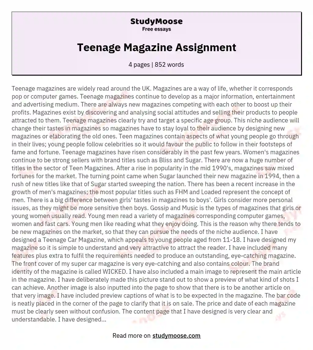 Teenage Magazine Assignment essay