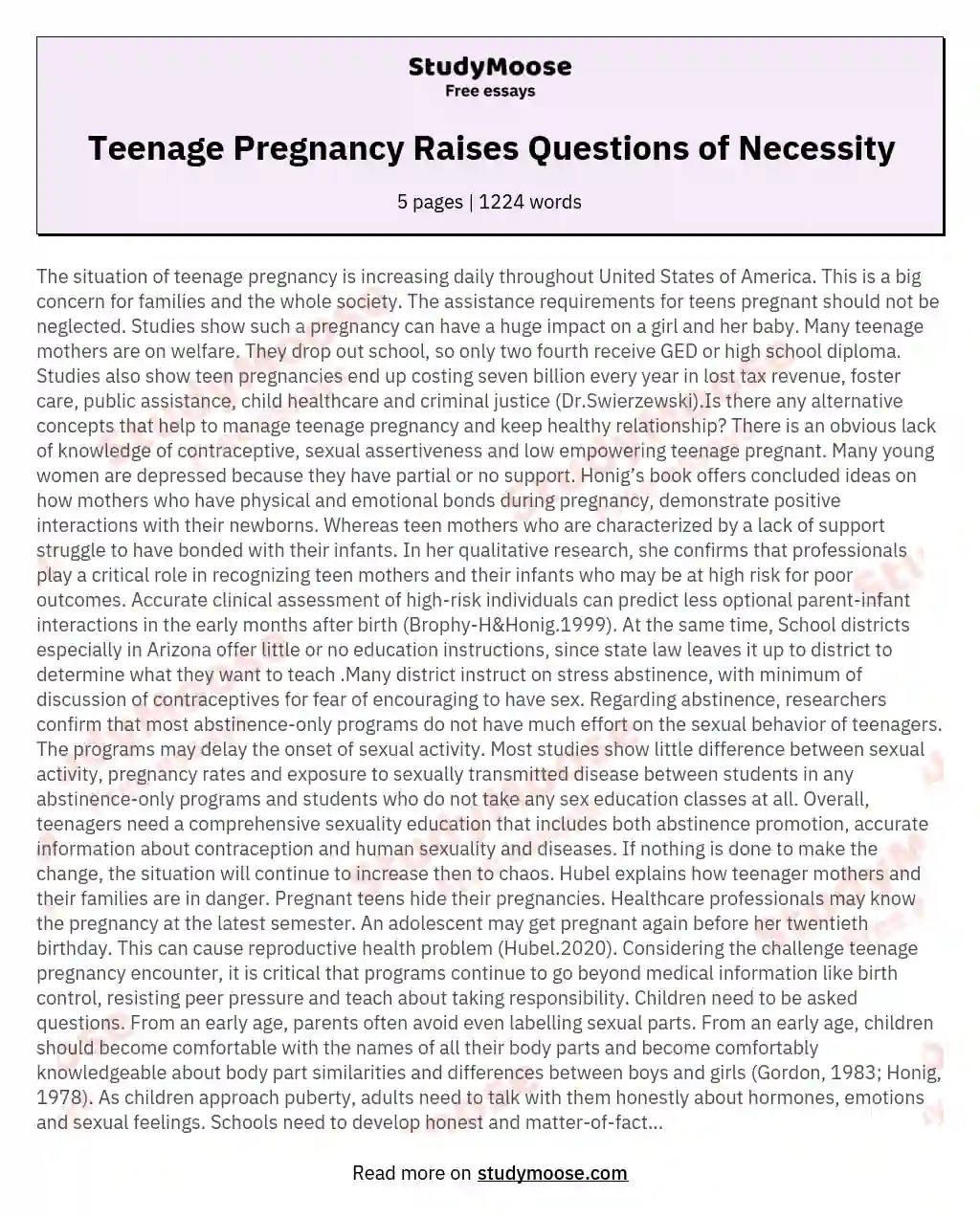 Teenage Pregnancy Raises Questions of Necessity