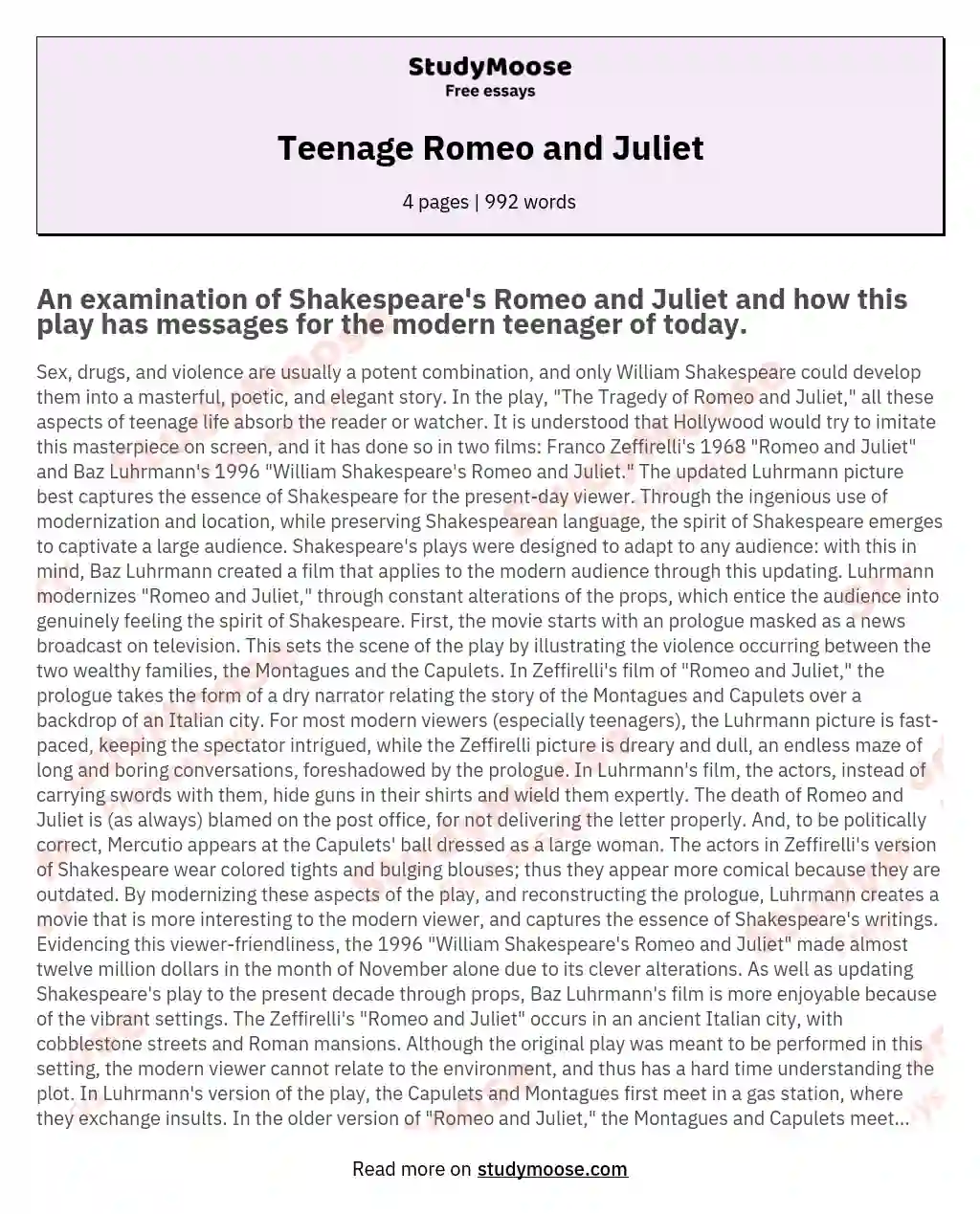 Teenage Romeo and Juliet essay