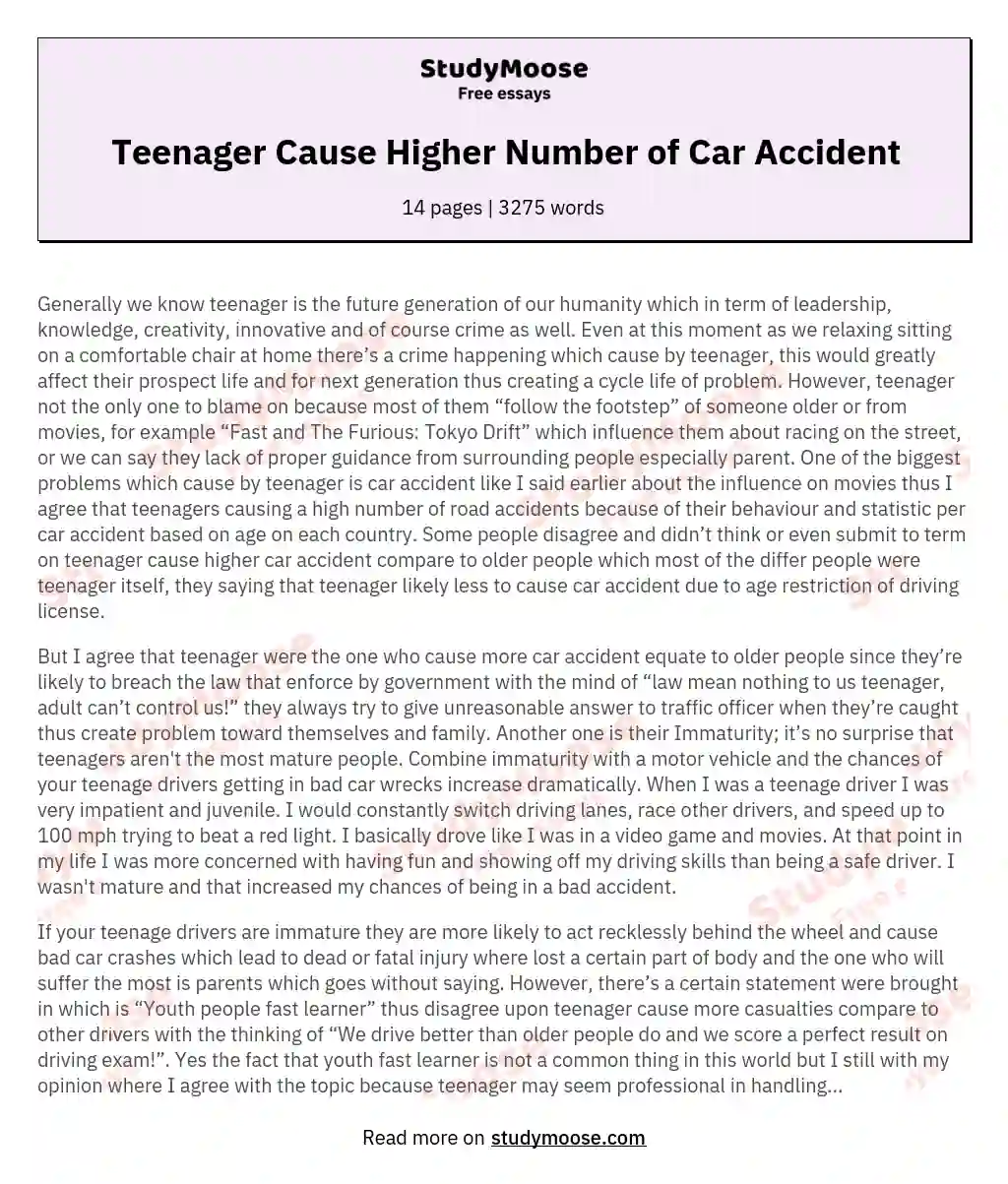 Teenager Cause Higher Number of Car Accident essay