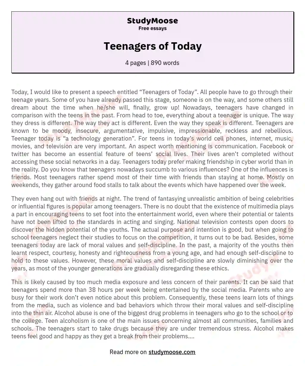 Teenagers of Today essay