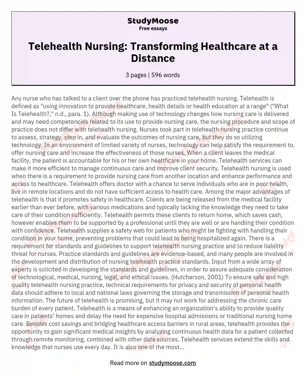 Telehealth Nursing: Transforming Healthcare at a Distance essay