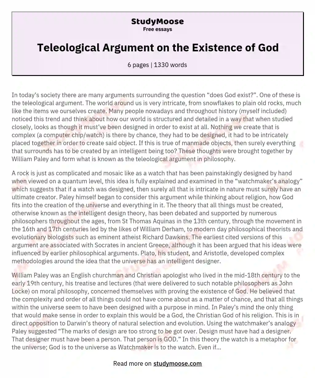 Teleological Argument on the Existence of God essay