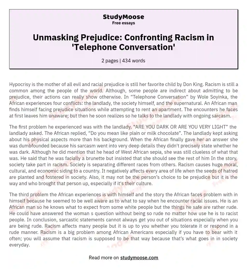 Unmasking Prejudice: Confronting Racism in 'Telephone Conversation' essay