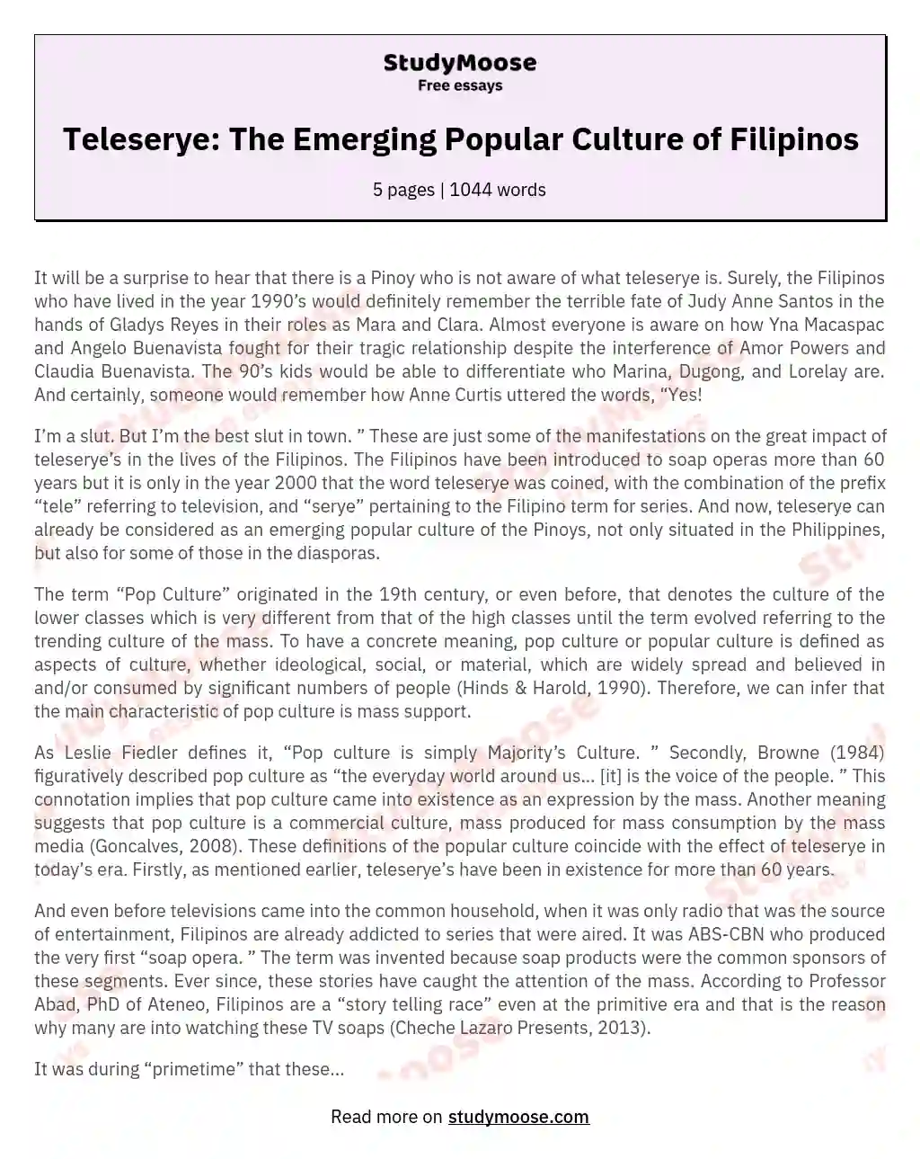 Teleserye: The Emerging Popular Culture of Filipinos essay