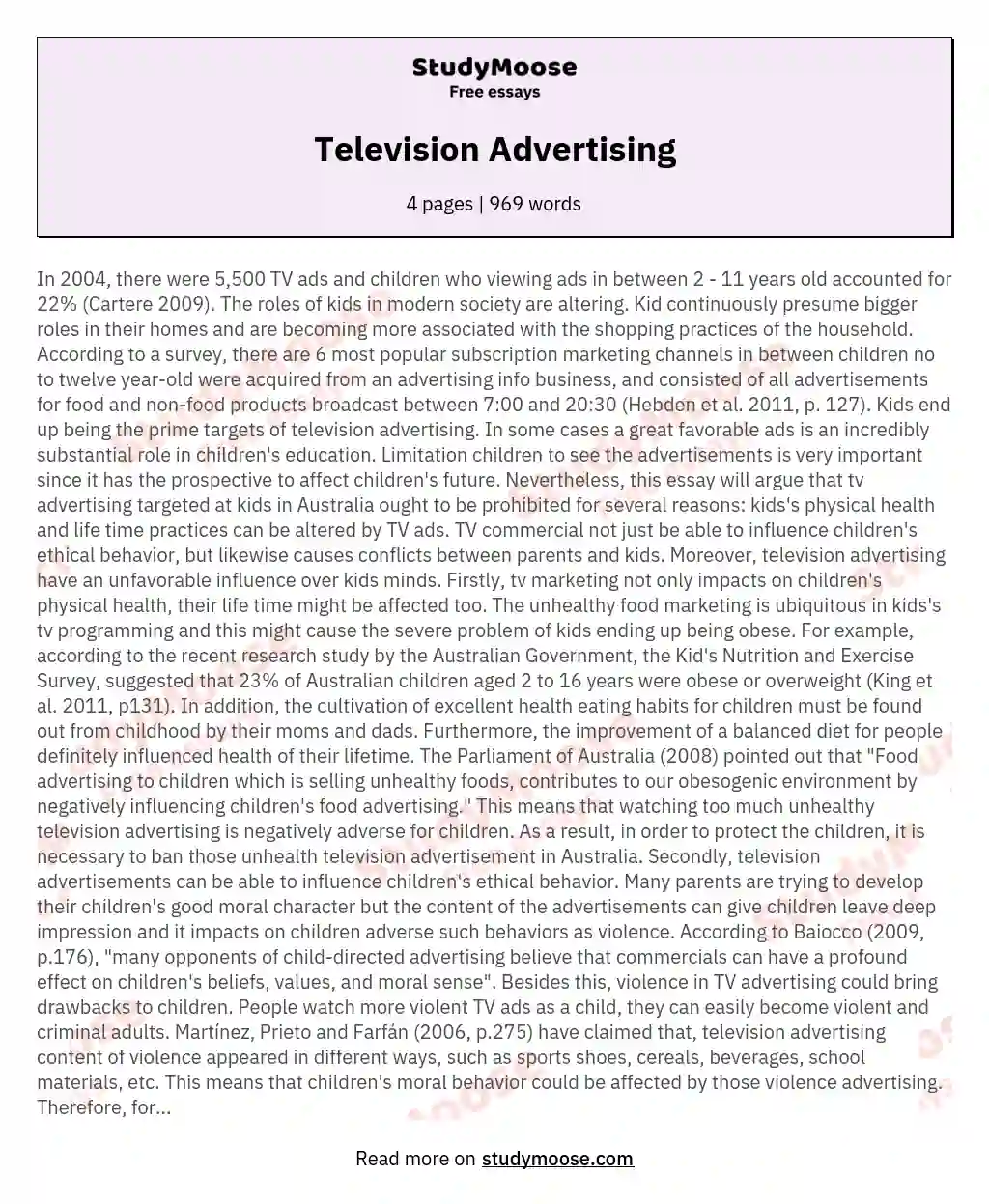 Tthe Prohibition of Television Advertising Targeting Children in Australia essay