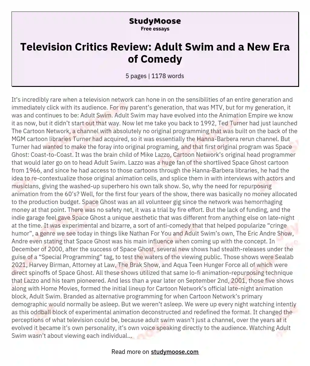 Television Critics Review: Adult Swim and a New Era of Comedy essay