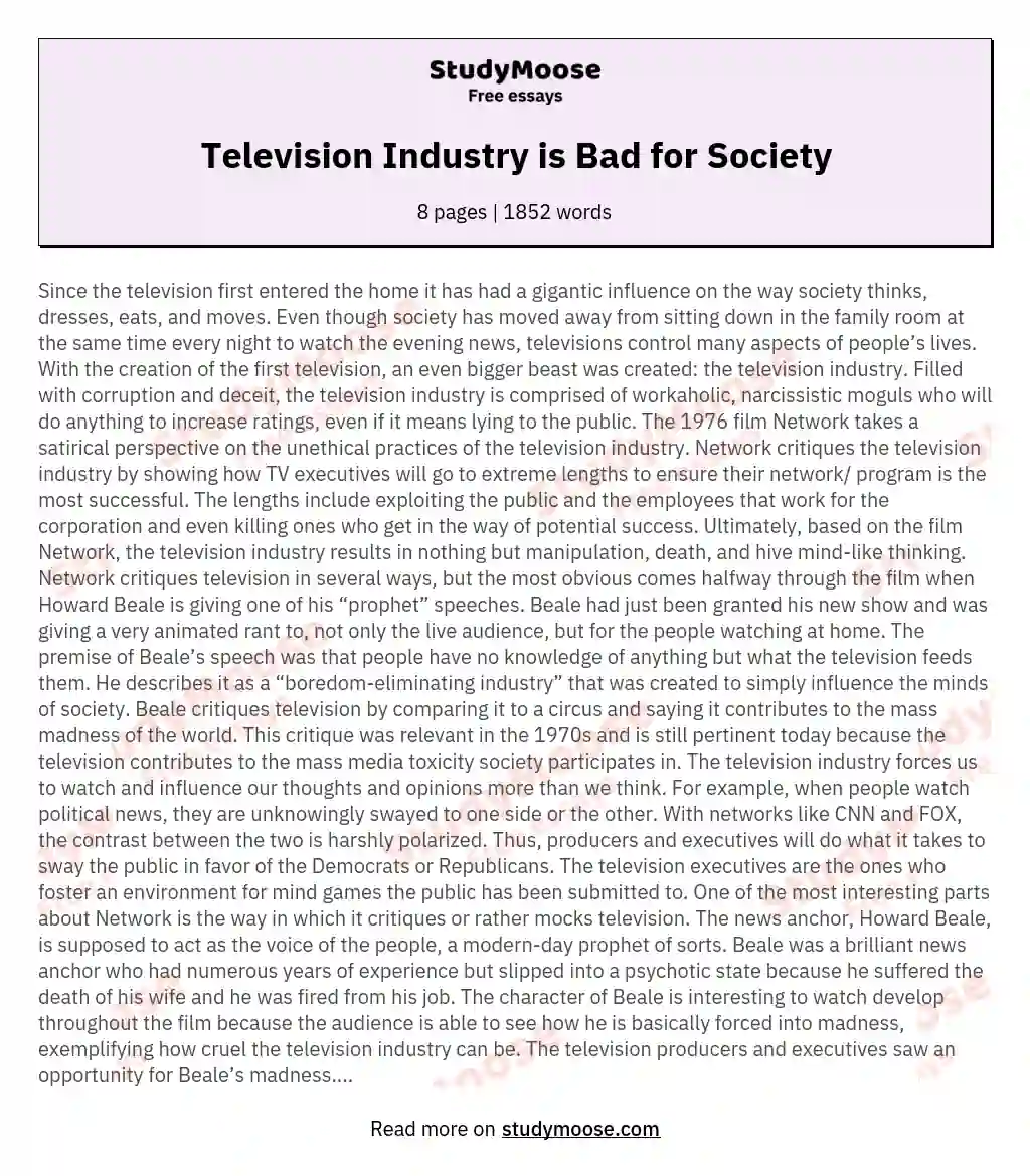 Television Industry is Bad for Society essay