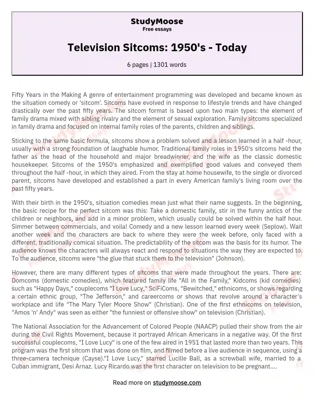 Television Sitcoms: 1950's - Today essay