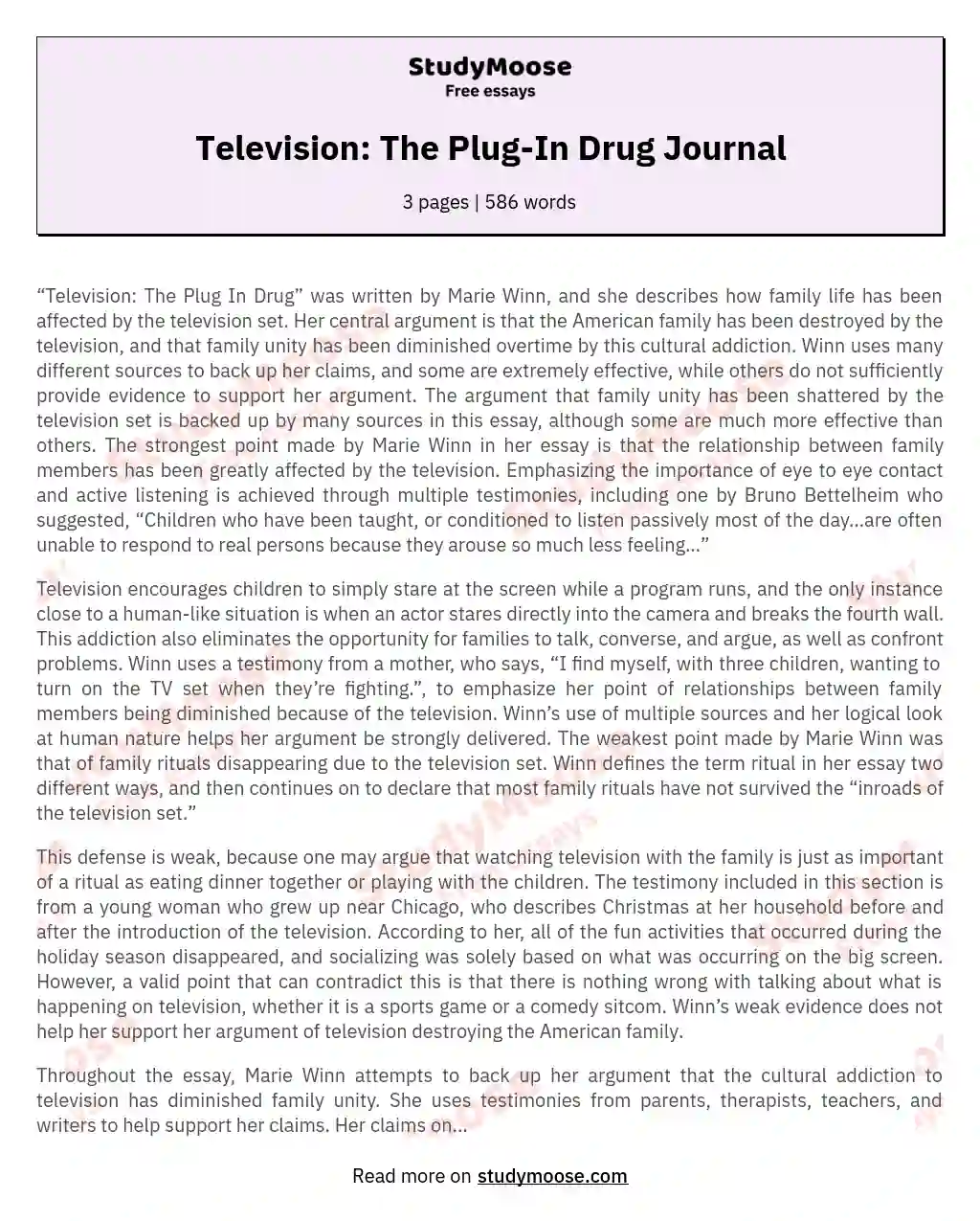 Television: The Plug-In Drug Journal essay