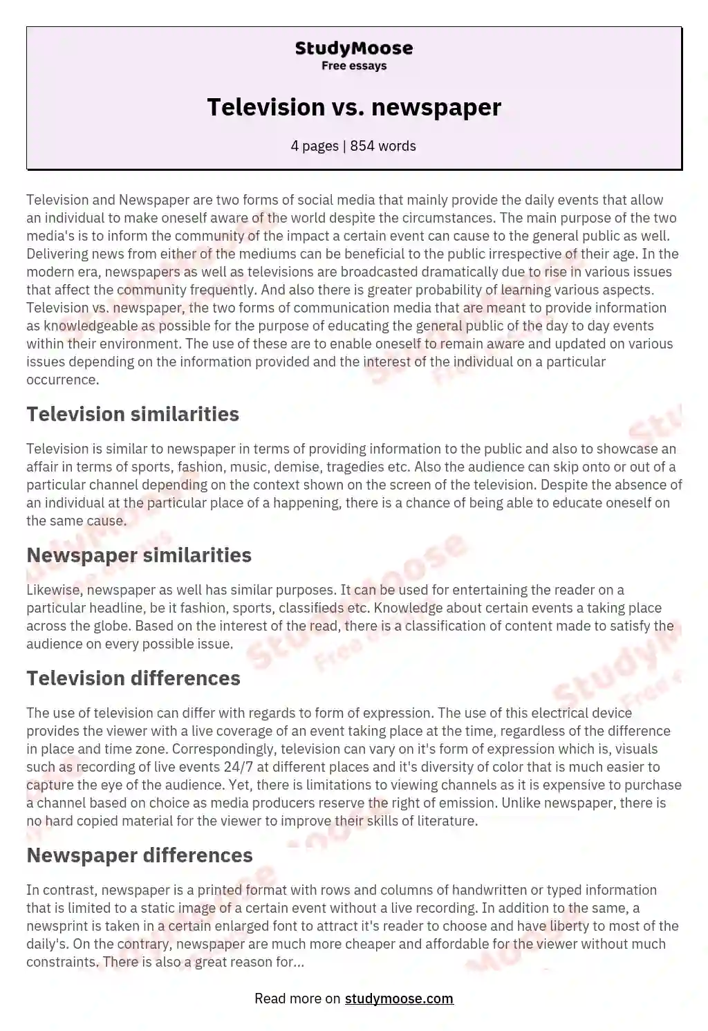 Television vs. newspaper essay