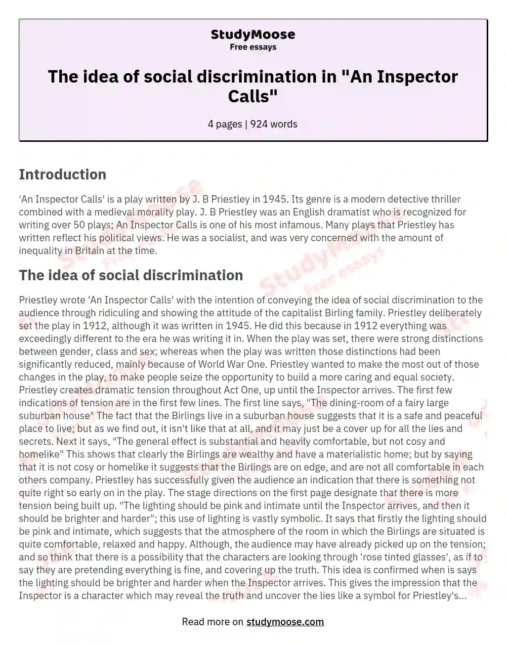 The idea of social discrimination in "An Inspector Calls" essay