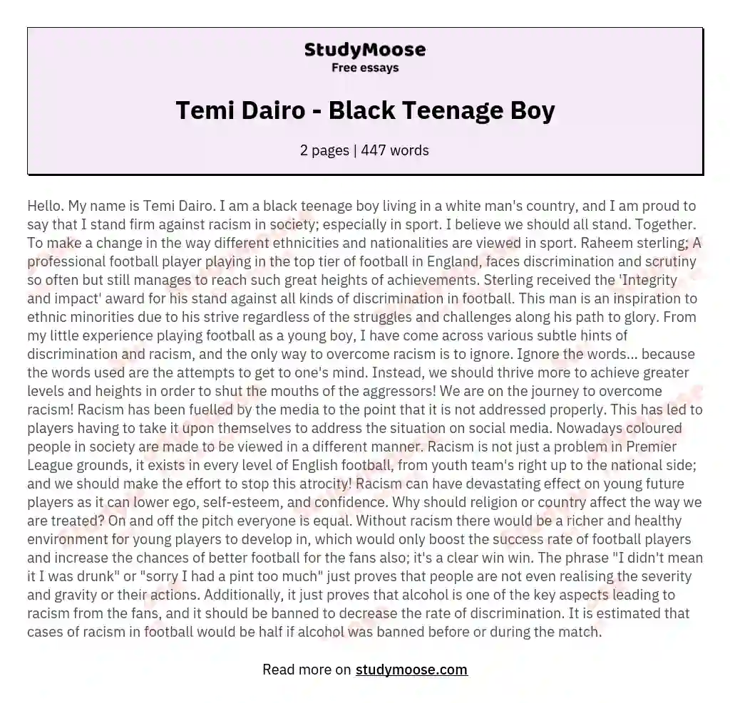 Temi Dairo - Black Teenage Boy essay