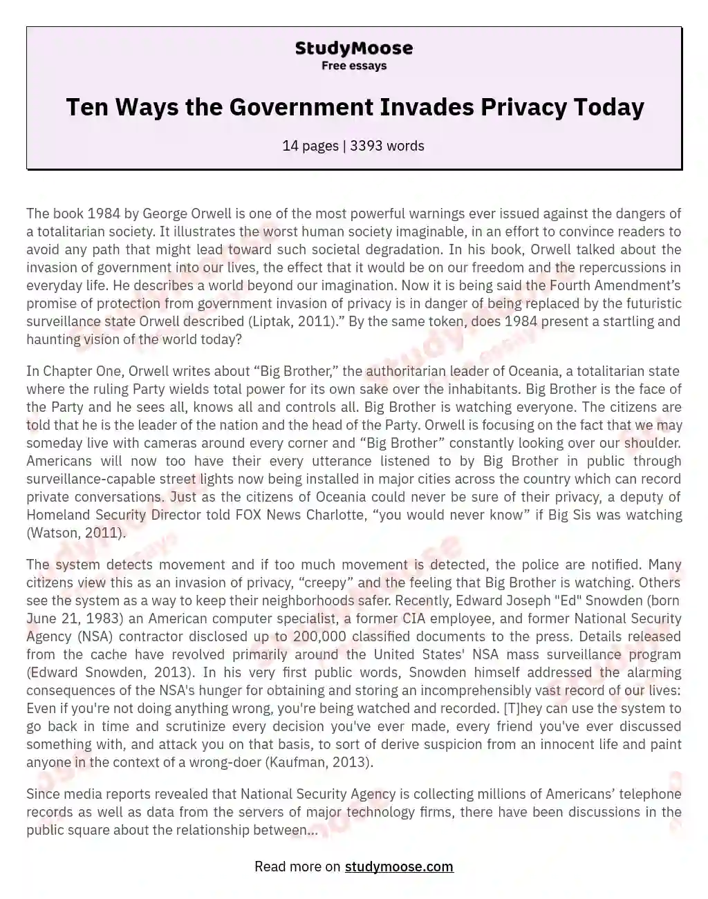 Ten Ways the Government Invades Privacy Today essay