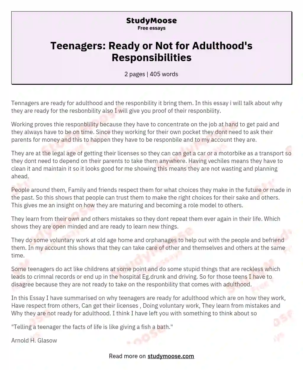 Teenagers: Ready or Not for Adulthood's Responsibilities essay