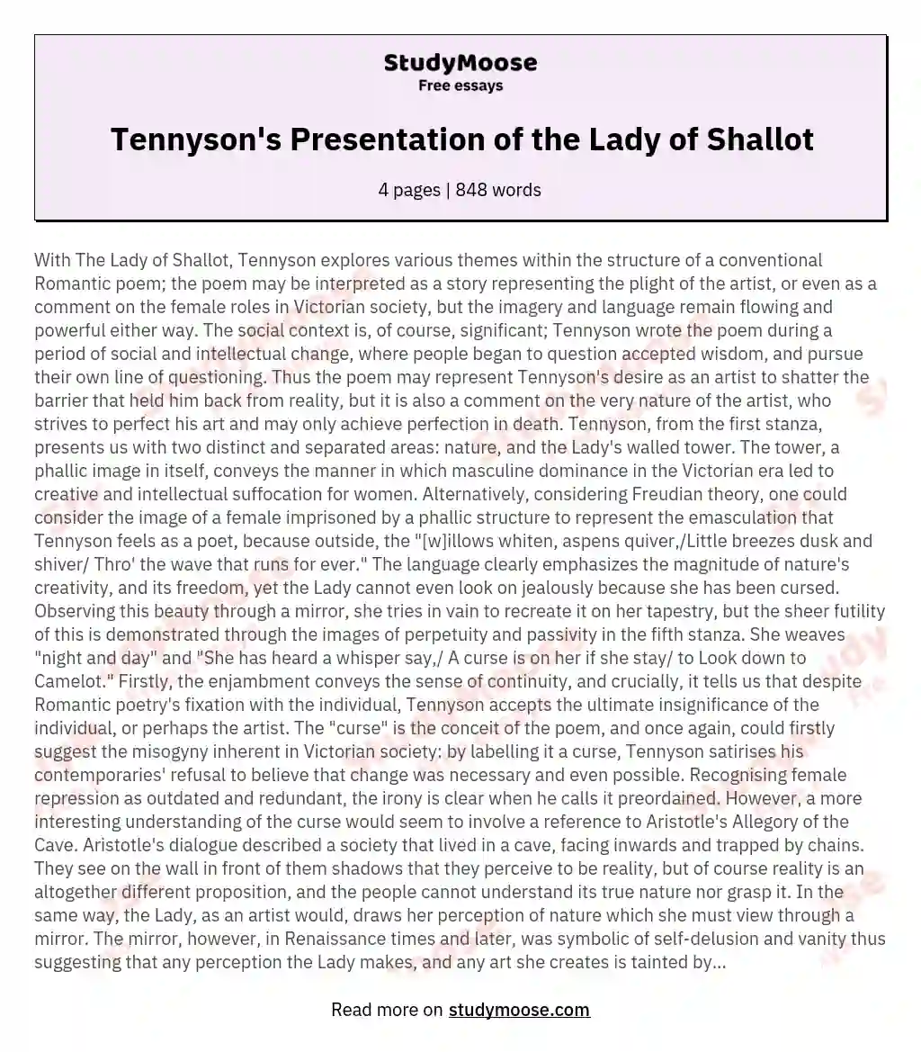 Tennyson's Presentation of the Lady of Shallot essay