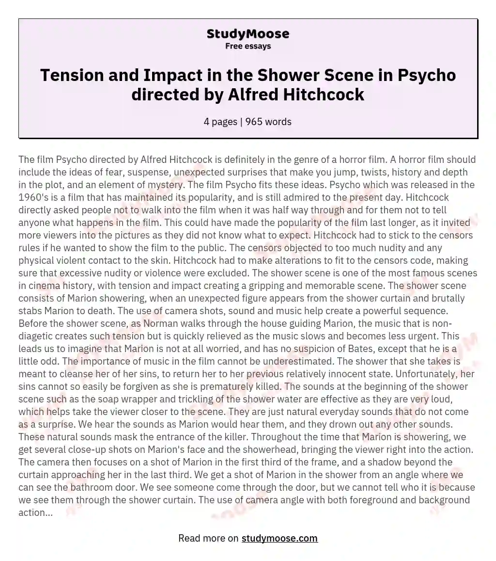 Tension and Impact in the Shower Scene in Psycho directed by Alfred Hitchcock essay
