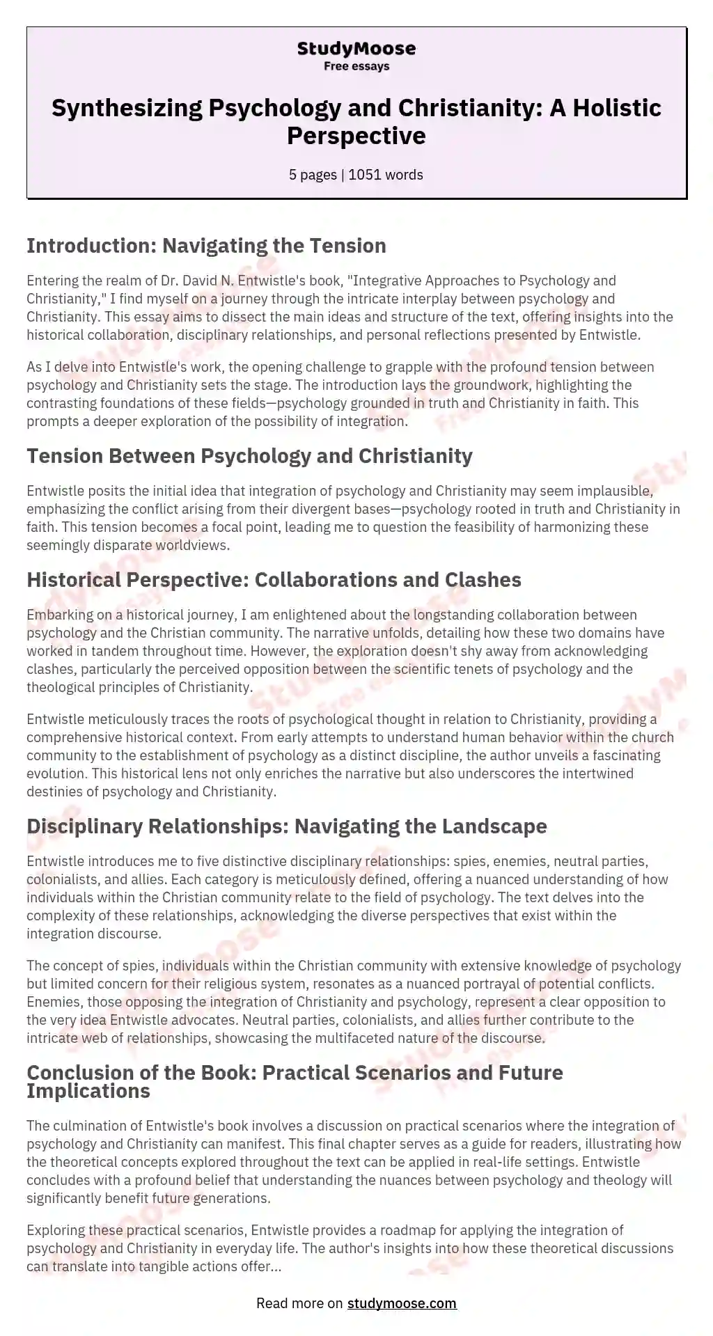 Synthesizing Psychology and Christianity: A Holistic Perspective essay