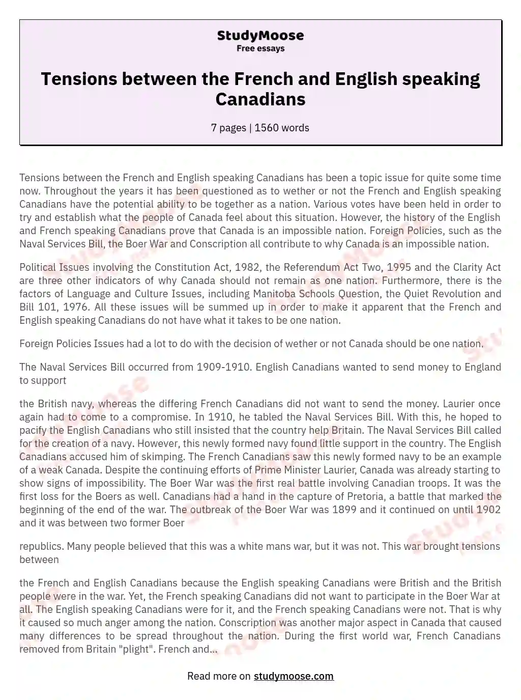 Tensions between the French and English speaking Canadians essay