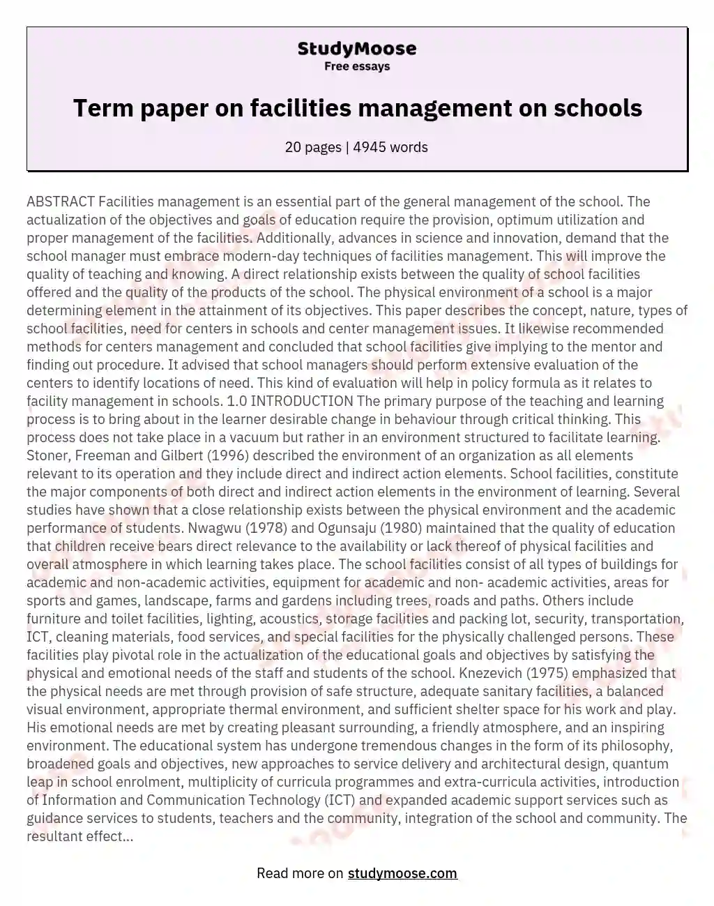 Term paper on facilities management on schools essay