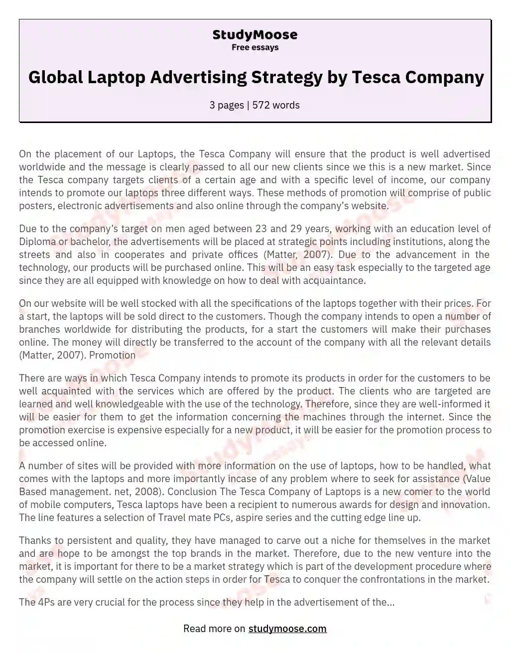 Global Laptop Advertising Strategy by Tesca Company essay