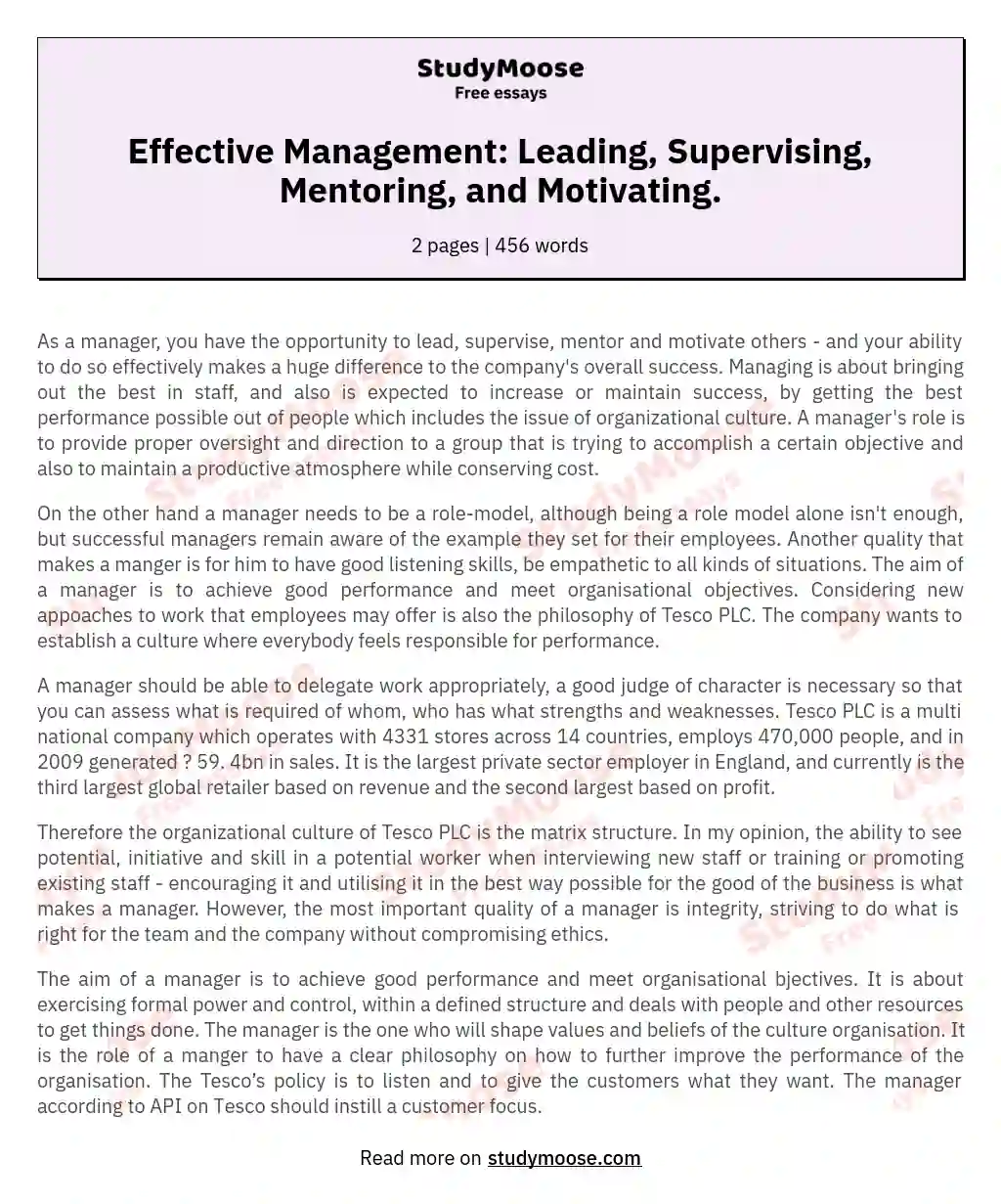Effective Management: Leading, Supervising, Mentoring, and Motivating. essay
