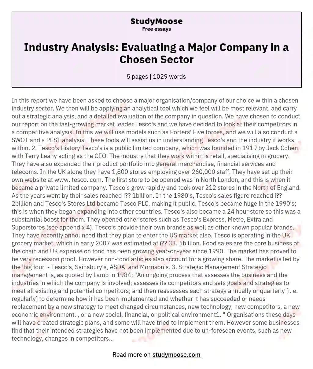 Industry Analysis: Evaluating a Major Company in a Chosen Sector essay