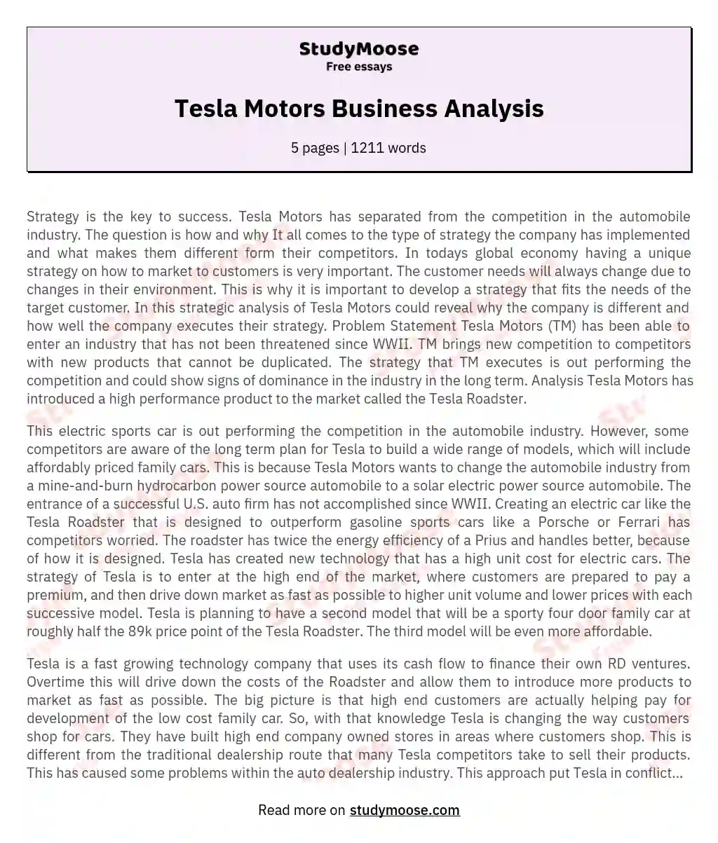 Tesla Motors: Revolutionizing the Automotive Industry essay