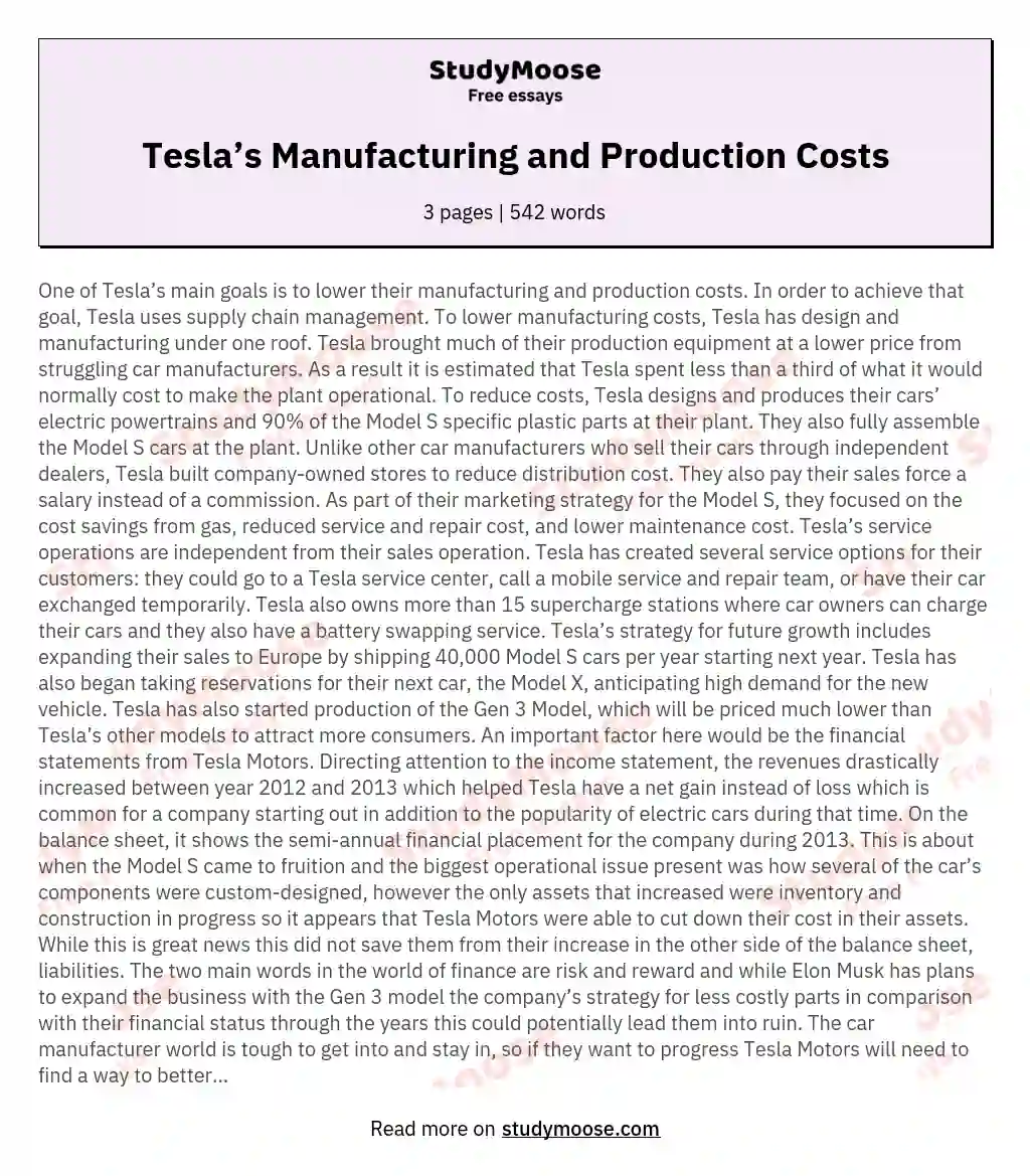 Tesla’s Manufacturing and Production Costs essay