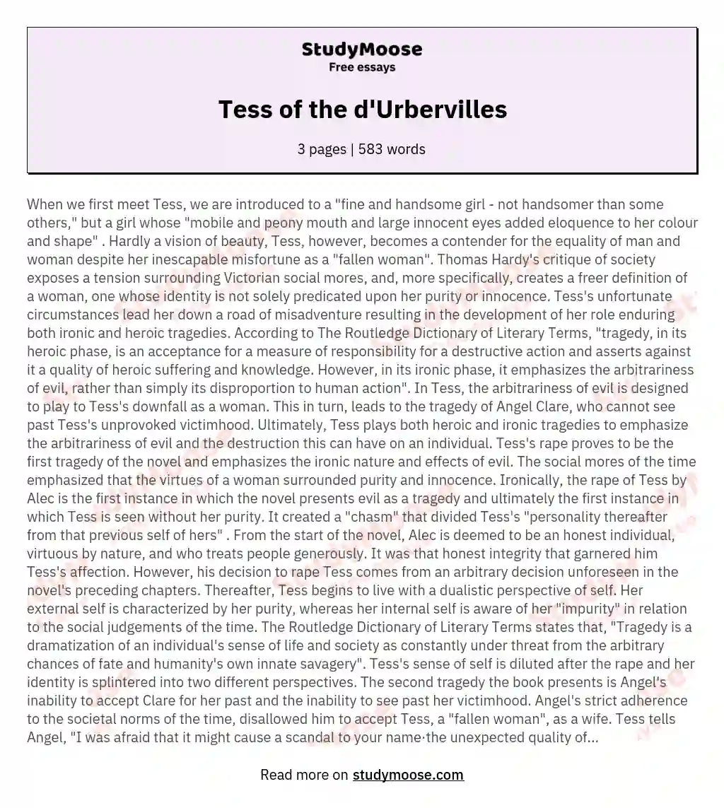 Tess of the d'Urbervilles essay