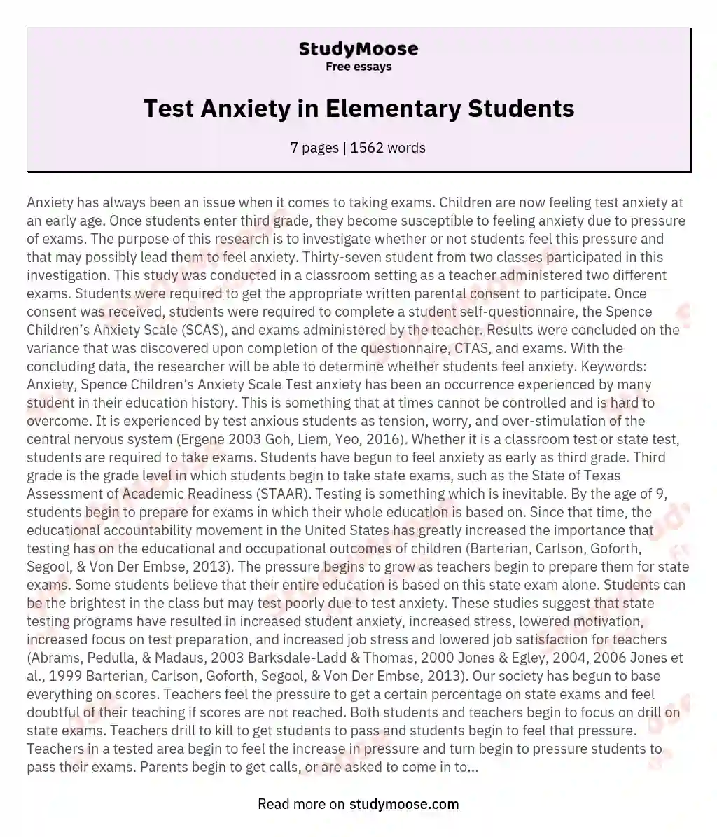 Test Anxiety in Elementary Students essay