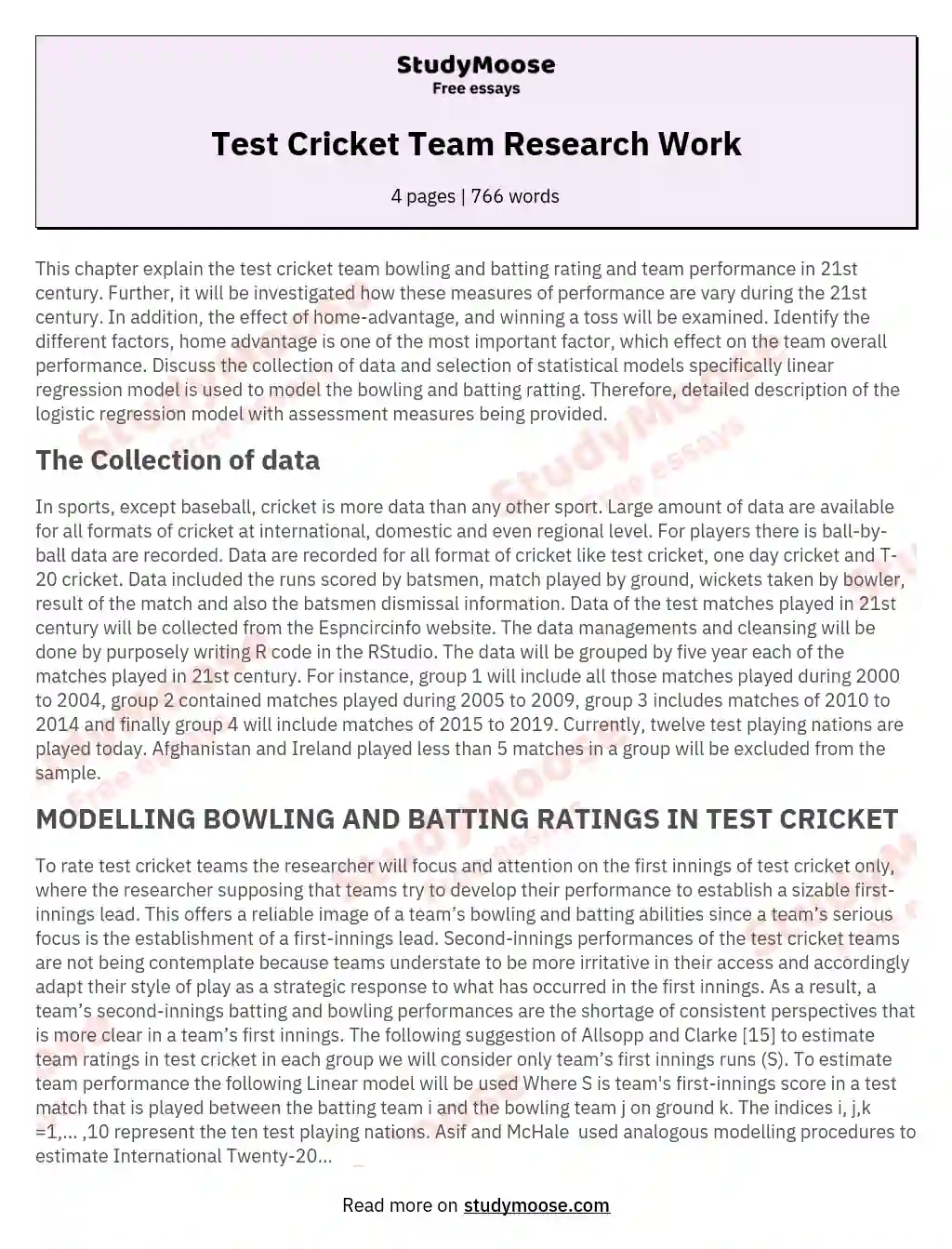 Test Cricket Team Research Work essay