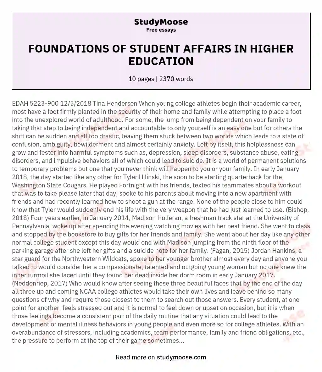 FOUNDATIONS OF STUDENT AFFAIRS IN HIGHER EDUCATION essay