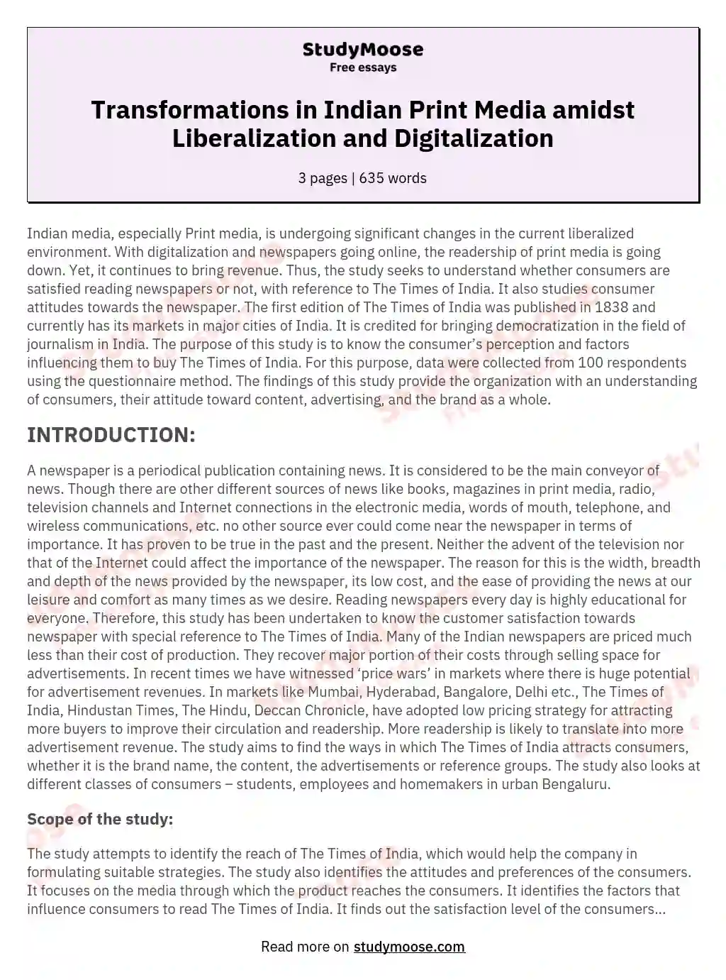 Transformations in Indian Print Media amidst Liberalization and Digitalization essay