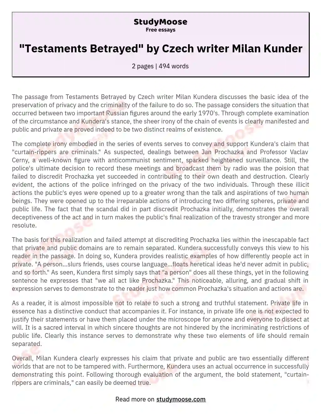 "Testaments Betrayed" by Czech writer Milan Kunder