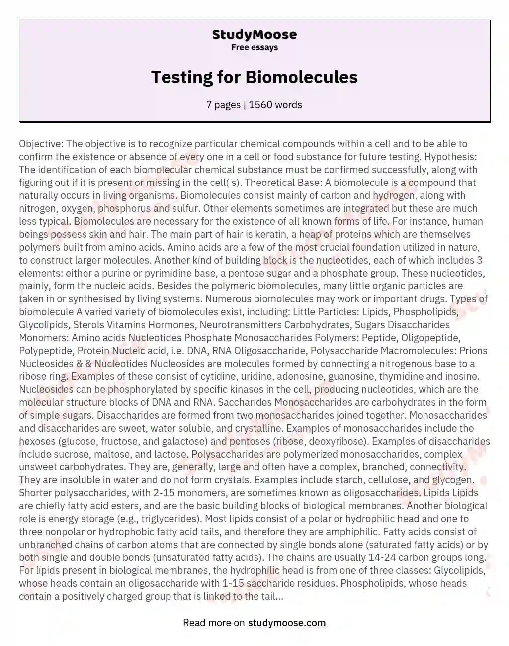 Testing for Biomolecules essay