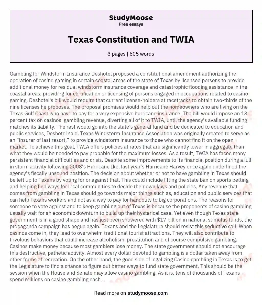 Texas Constitution and TWIA essay