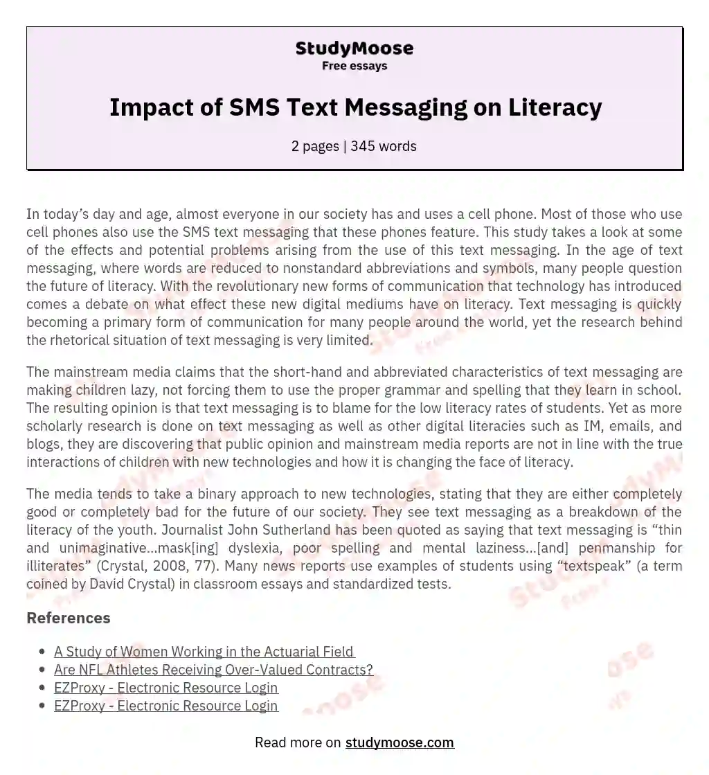 Impact of SMS Text Messaging on Literacy essay