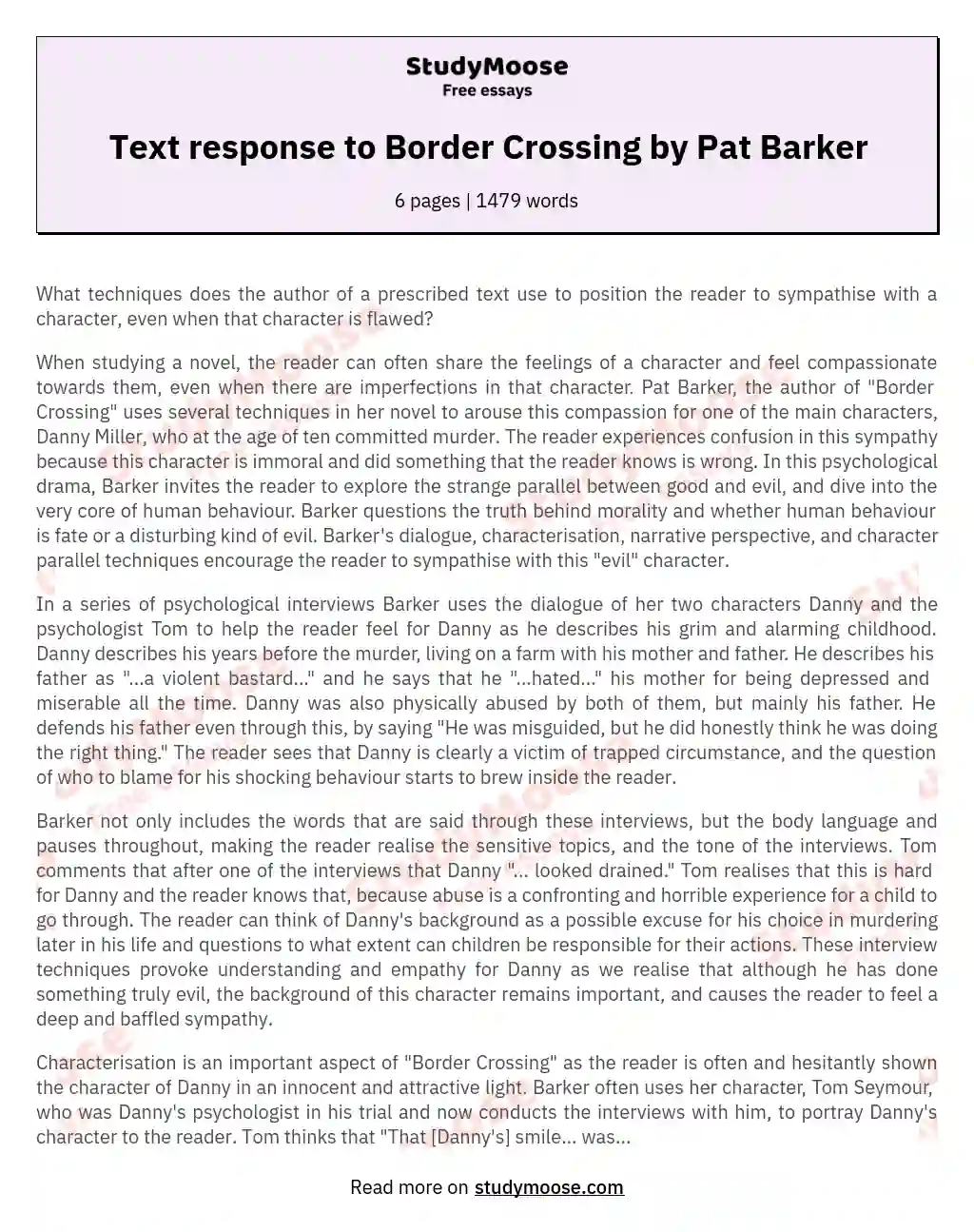 Text response to Border Crossing by Pat Barker