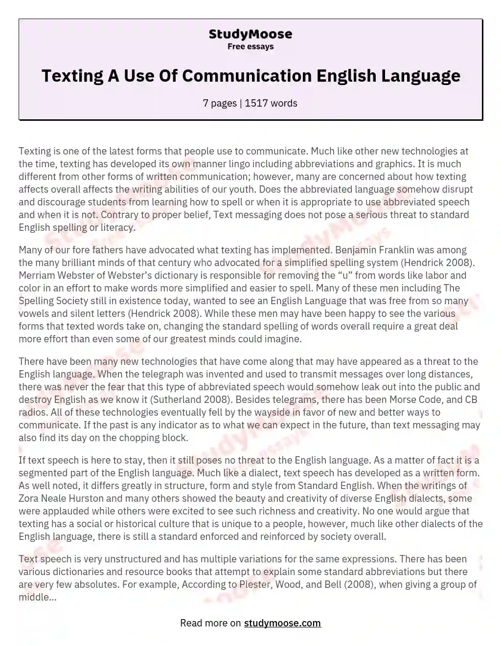 Texting A Use Of Communication English Language essay