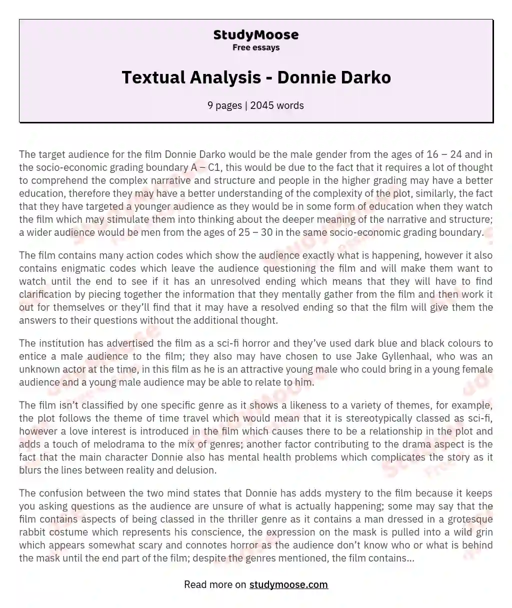 Textual Analysis - Donnie Darko essay