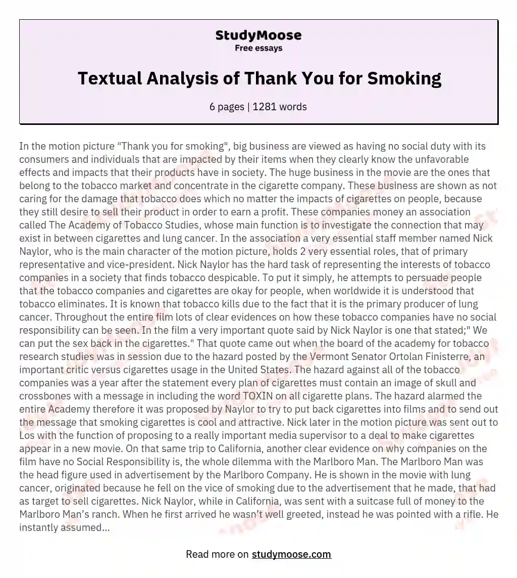 Textual Analysis of Thank You for Smoking