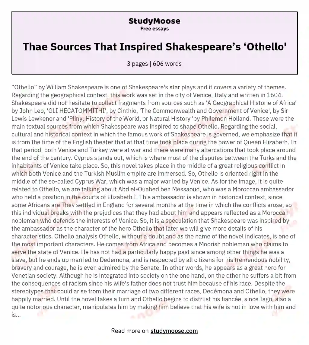 Thae Sources That Inspired Shakespeare’s ‘Othello' essay